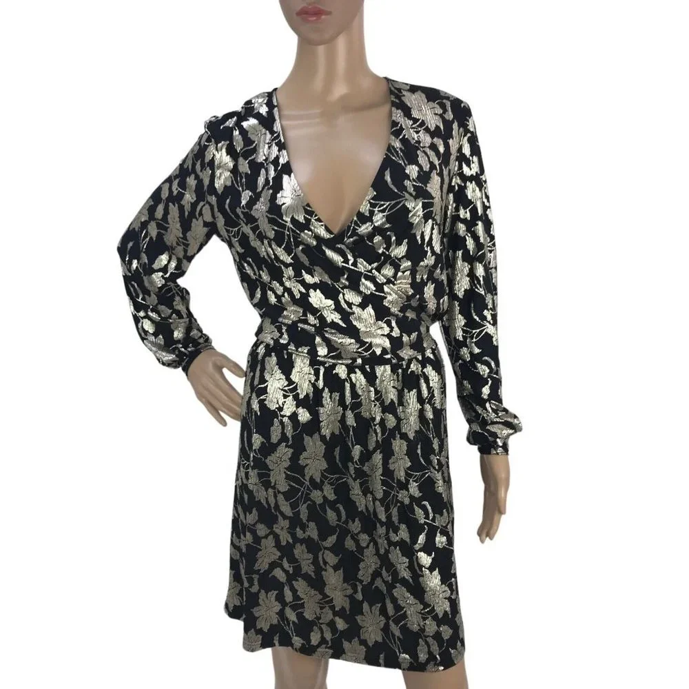 NWT Vero Moda Womens Floral A-Line Dress Metallic Long Sleeve VNeck Mini Dress S